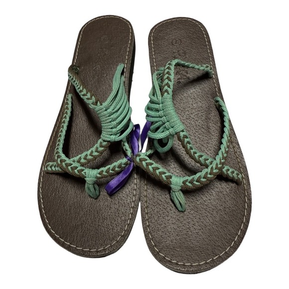 Plaka Palm Ocean Side Brown Teal Woven Sandals Women's Size 7 Flats - Picture 1 of 6